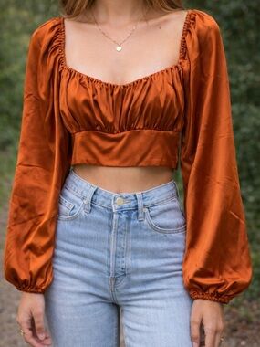 Abercrombie & Fitch Women’s L Smocked Cinnamon Burnt Orange Cropped Satin Top
